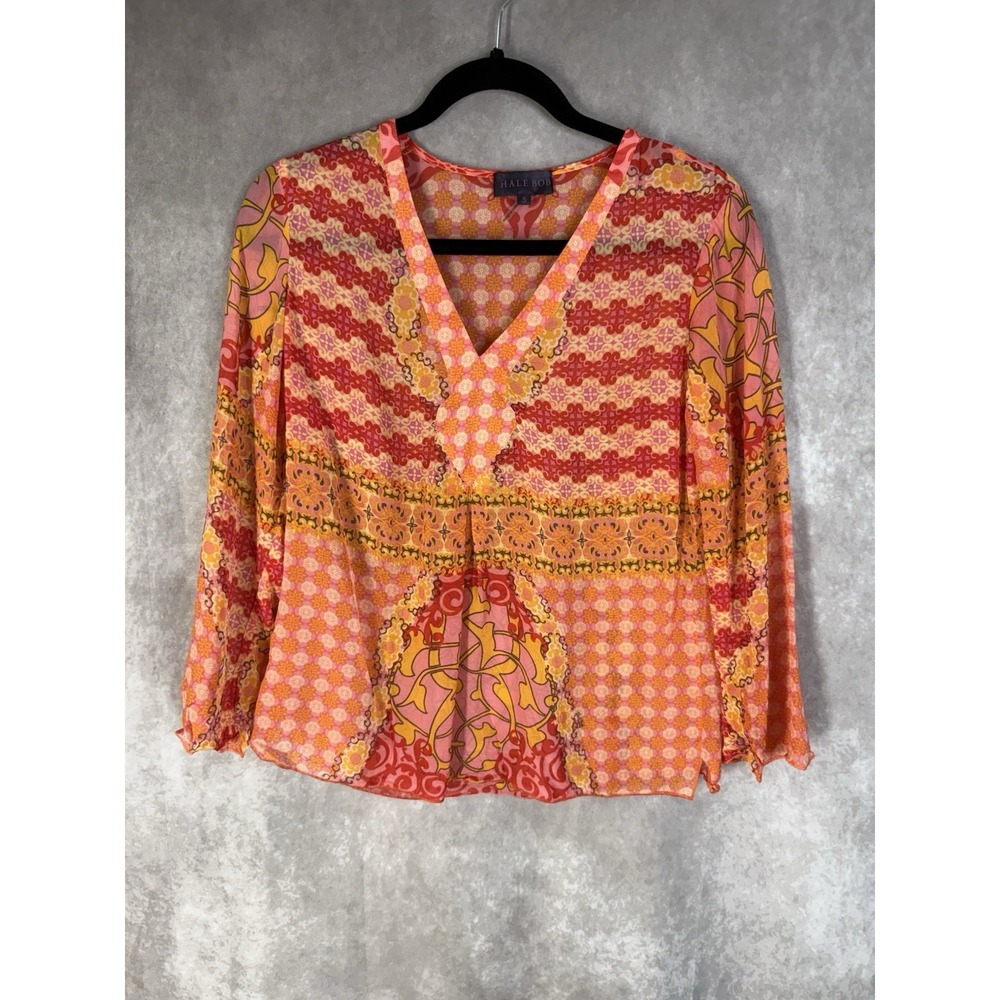 VTG Y2K Hale Bob Sheer Silk V-Neck Blouse In Pink Orange Women's Size S